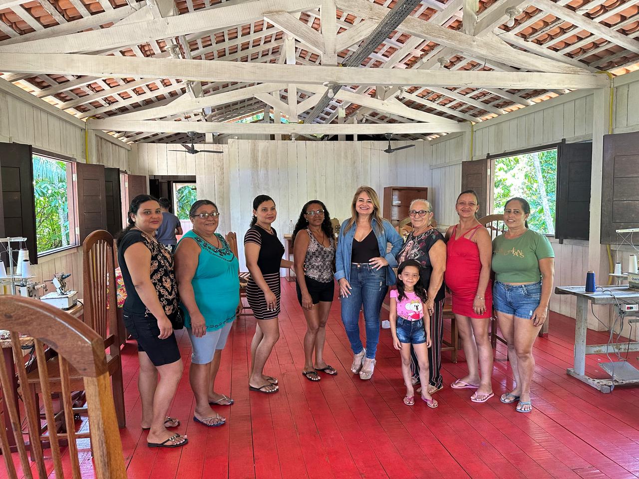 Women from riverine and extractivist communities gather in a shared workspace in Pará, where local production and skills training support household income and community livelihoods. Image: Supplied