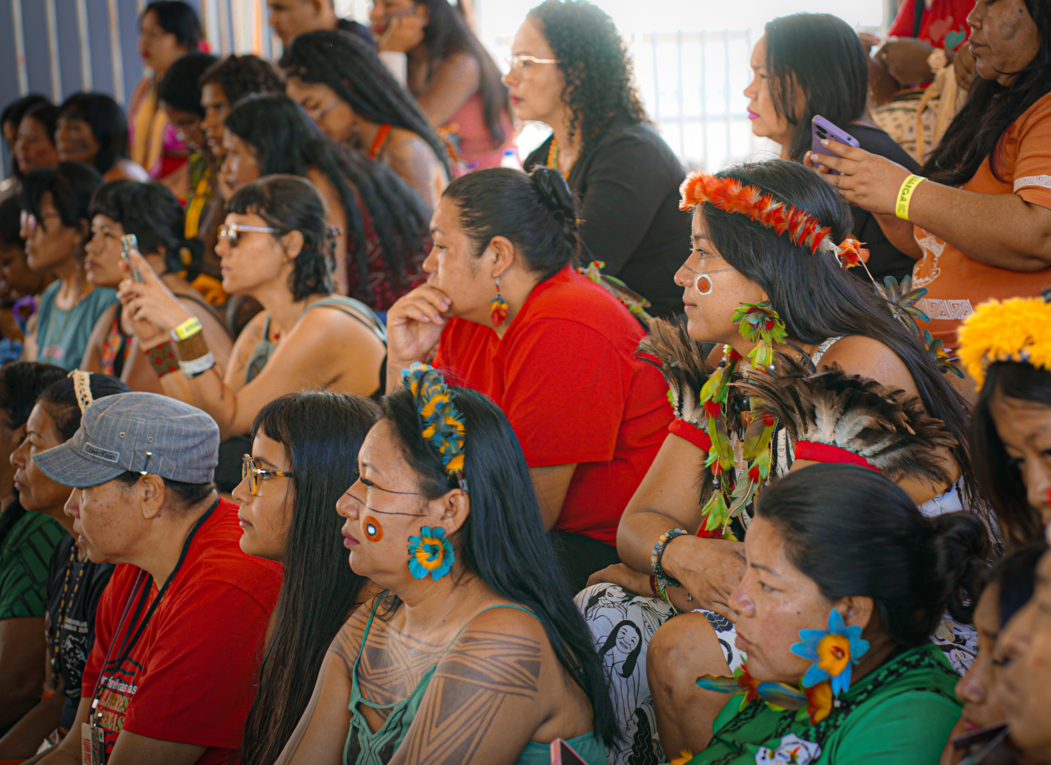 Pictured among her Terena Nation community members, Taily Terena attends the Free Land Indigenous Camp annual event in Brazil, 2025. | Homero Flávio for Global Citizen.