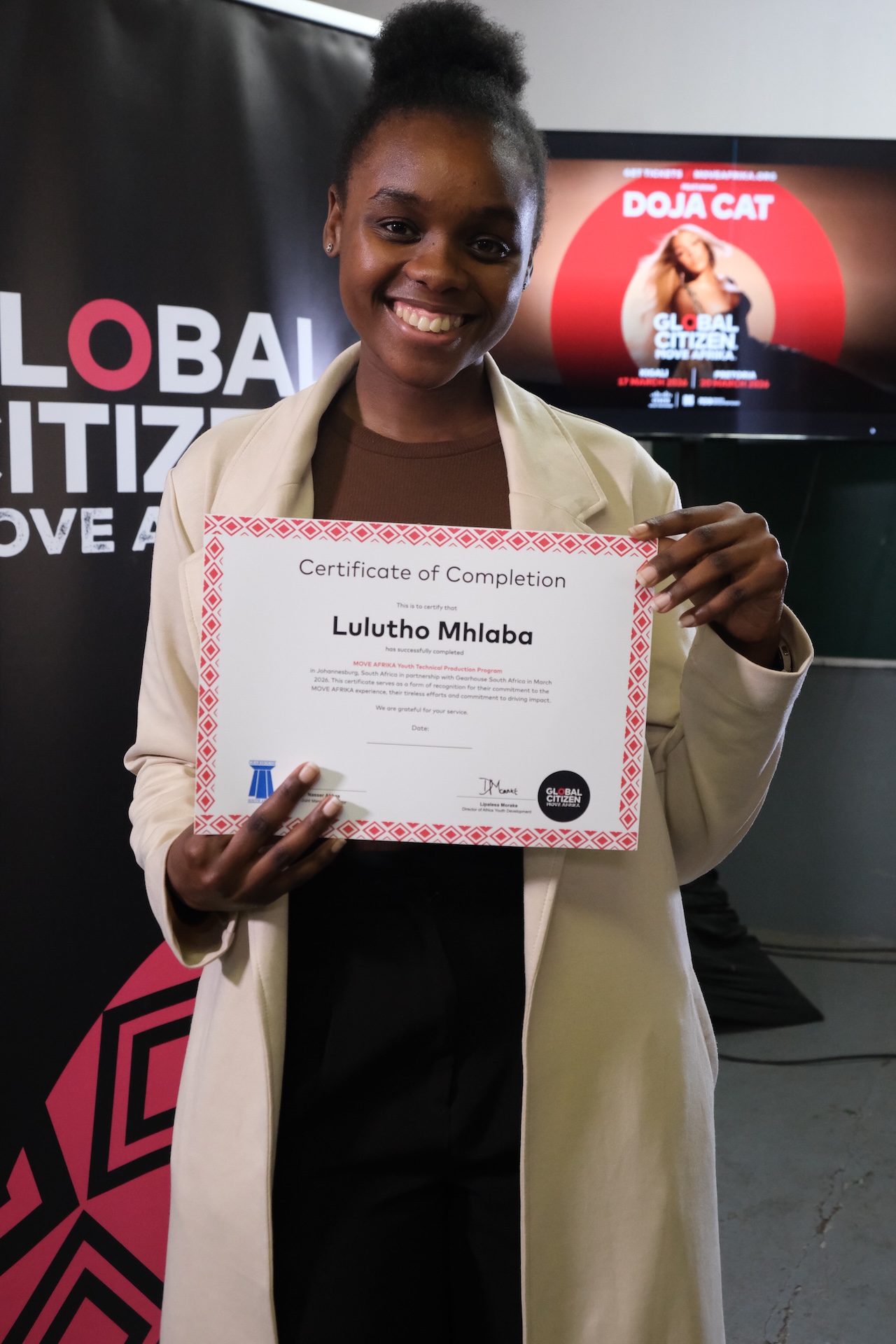 Lulutho Mhlaba celebrates completing the Move Afrika Youth Technical Production Program, delivered in partnership with Gearhouse South Africa in March 2026.